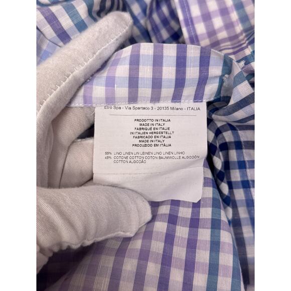 Etro Shirt 44 / XL Mens Linen Gingham Check Blue Long Sleeve Button Down - Picture 8 of 8
